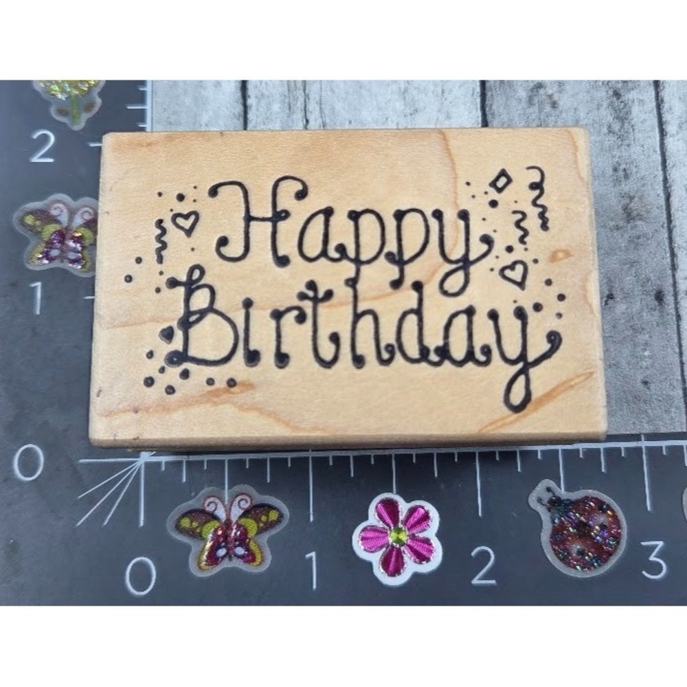 Great Impressions Happy Birthday Script Confetti Heart Rubber Stamp Wood #S30